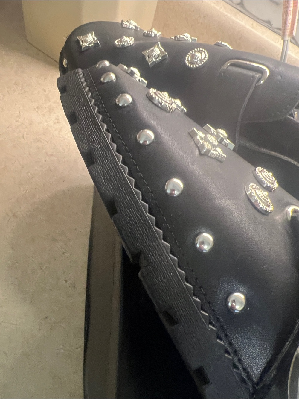 Black Studded Slip-On Clogs with Silver Embellishments - Picture 4 of 7
